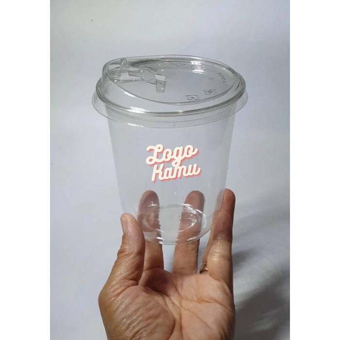 Sablon Cup Plastik Gelas Plastik 14 Oz Oval Pollycup SAP BSM + Tutup Strawless Lid