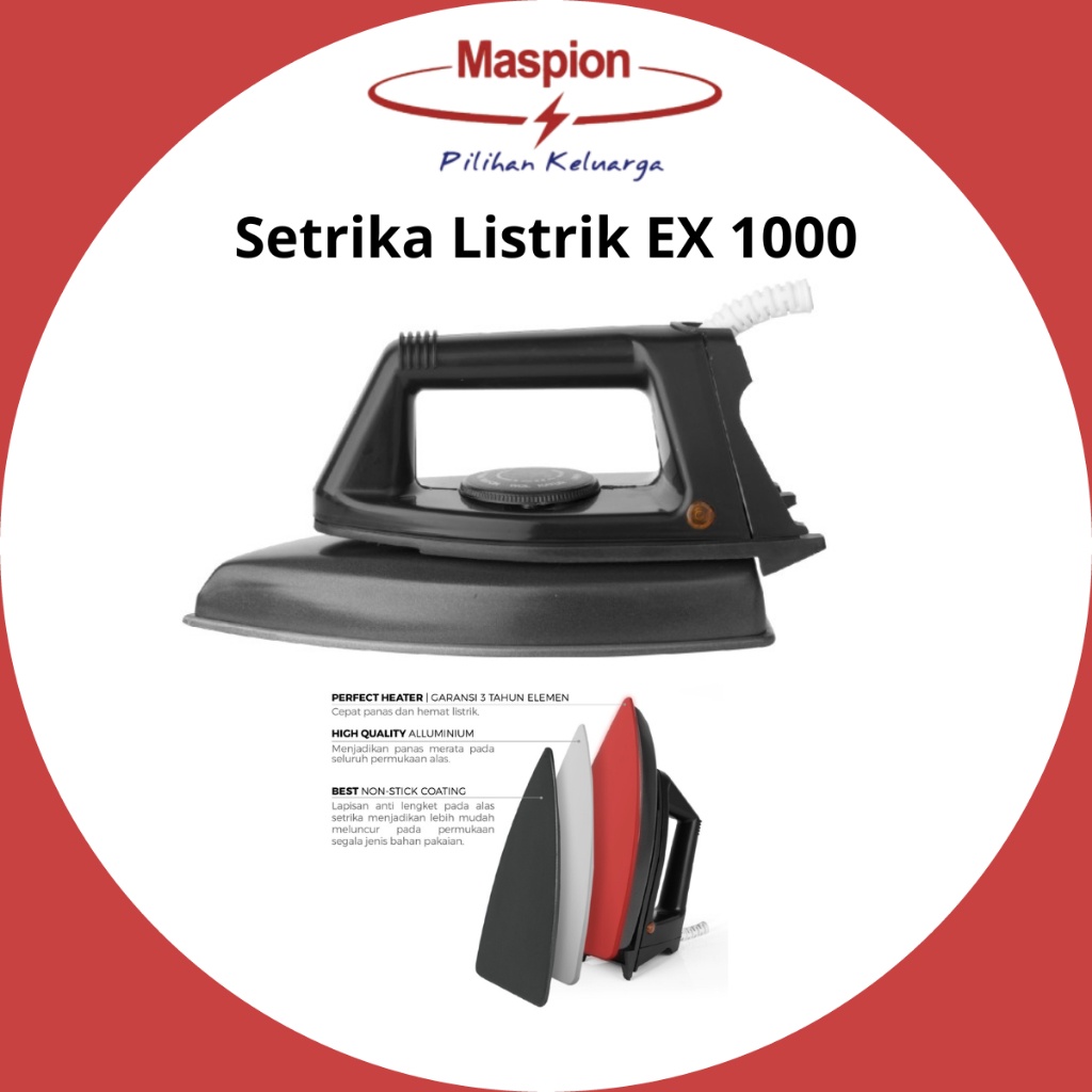 MASPION SETRIKA EX 1000 Hitam - Setrika Listrik/EX 1000/EX-1000/EX1000/AUTOMATIC IRON/SETRIKA