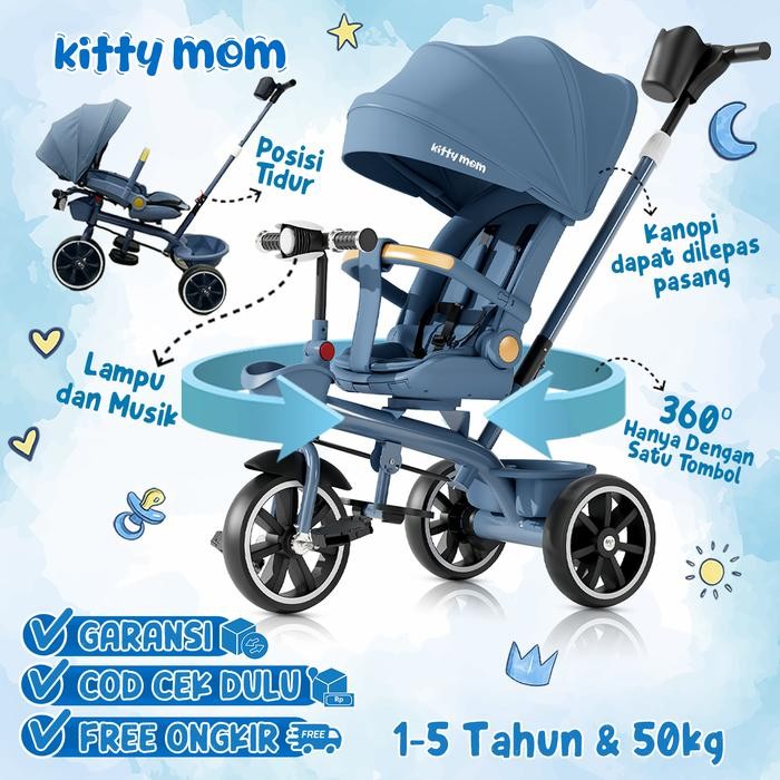 Kitty Mom - Sepeda Anak Roda 3 Bayi 1 Tahun Travelling Tricycle Multifungsi Bisa Putar Dan Berbaring