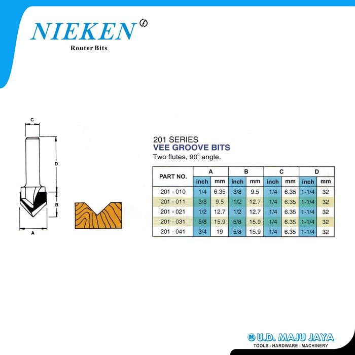 Paling Berkualitas Nieken Router Bits 201-041 ( Mata Profil V / Vee Groove Bit 19Mm )