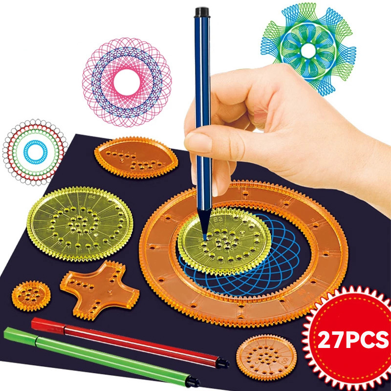 

Montessori Toys 27Pcs Spirograph Drawing Toys Set Interlocking Gears Wheels With Pens Spiral Design