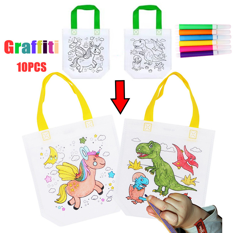 

1-10Pcs Sets Diy Graffiti Bag With Markers Handmade Painting Non-Woven Bag For Children Arts Crafts