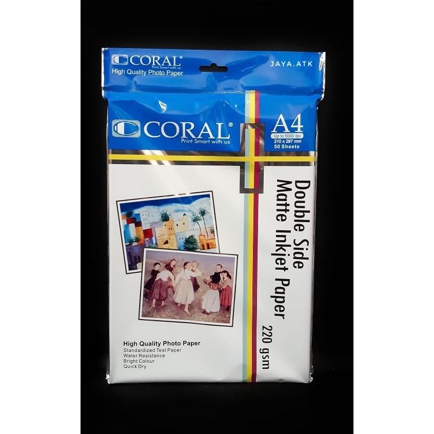 

KERTAS FOTO INKJET MATTE DOUBLE SIDE A4 220 GSM DUA SISI ISI 50 CORAL