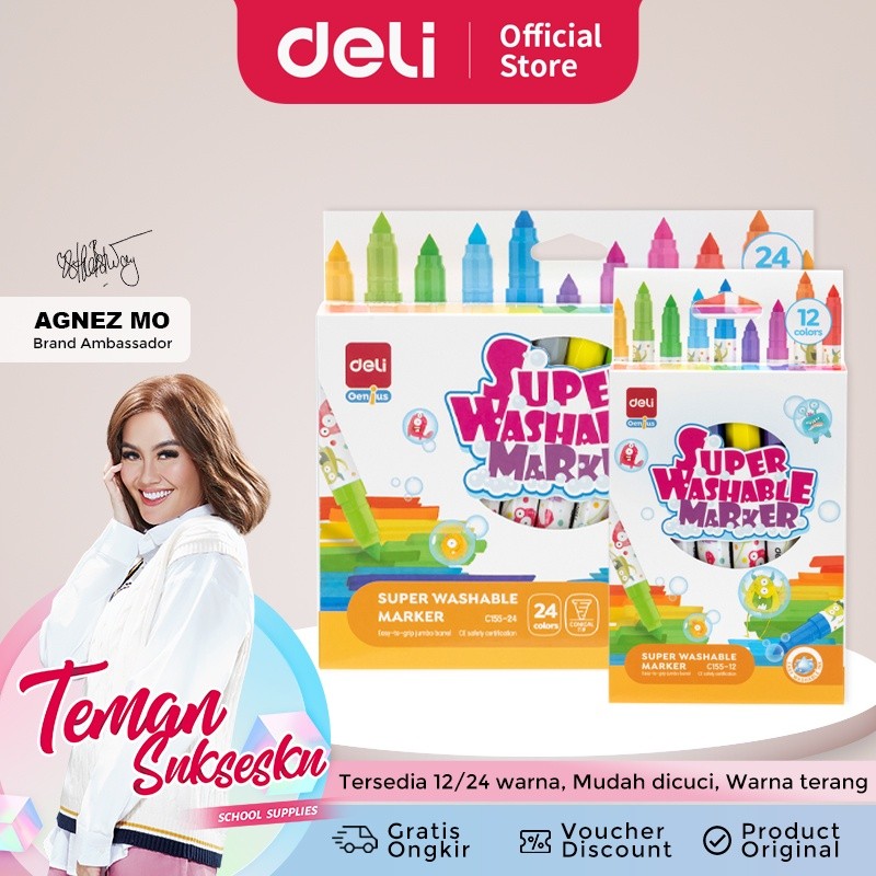 

Deli Washable Marker / Spidol Warna Anak 12 24 Warna Mudah dicuci Tersertifikasi Aman EC155