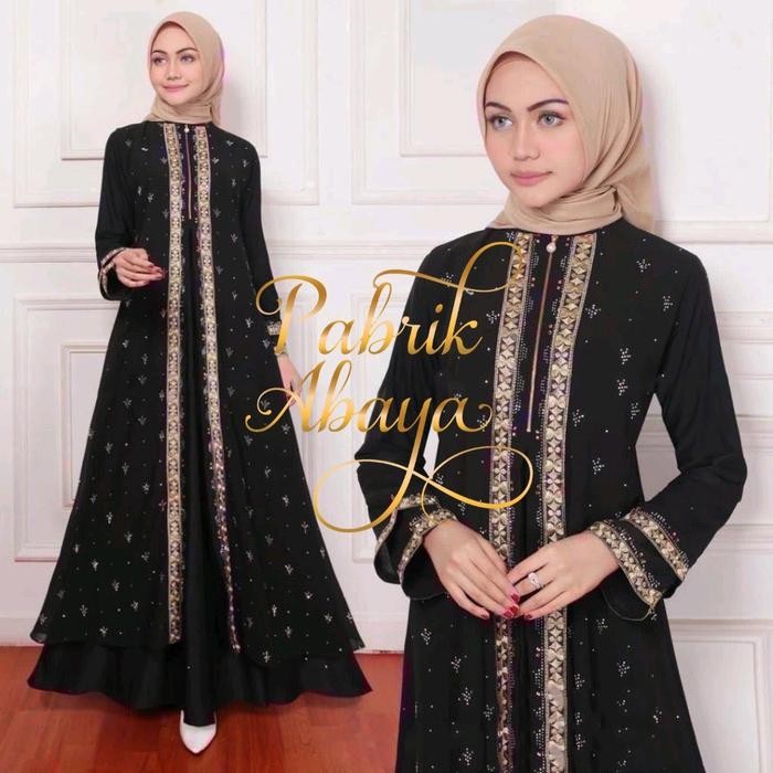 Busanae- Gamis Abaya Turkey Hitam dan Putih #5063 Bordir Payet ceruty muslim arab wanita Mutiara