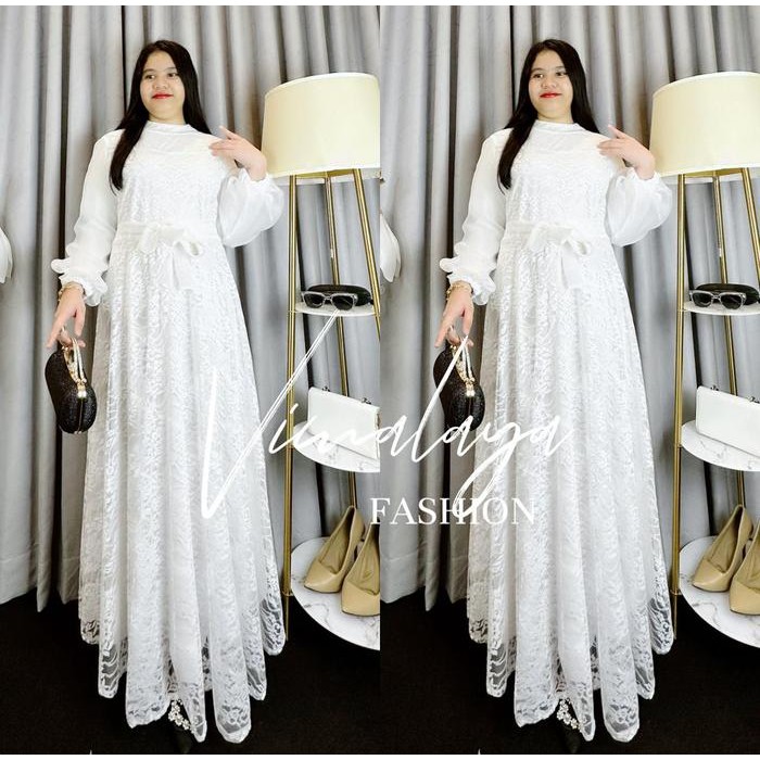 Layali- Gamis Brokat Putih Kombinasi Organza 6291 Baju Muslim Vima