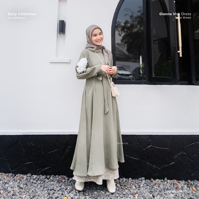 Layali- HAYNA Gianna Midi Dress (Sage Green) - Daily Dress Busui Friendly Gamis Wanita Muslim