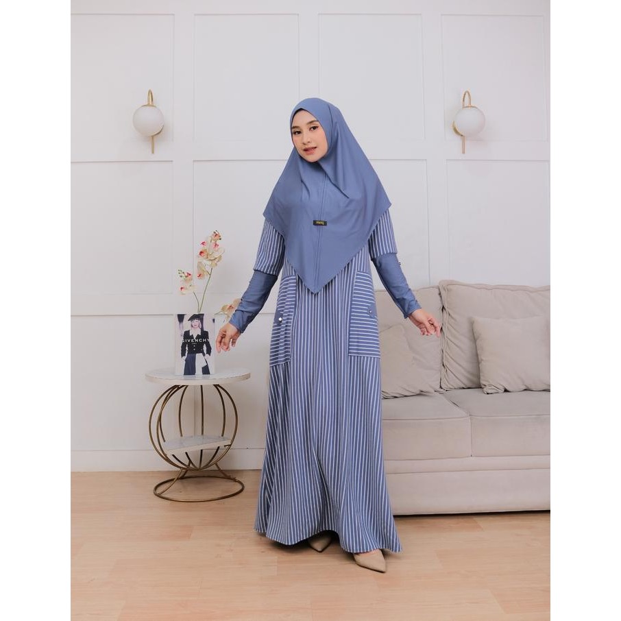Layali- Meisya Dress Set Hijab Syri Salur Mix Jersy Premium Gamis Muslim