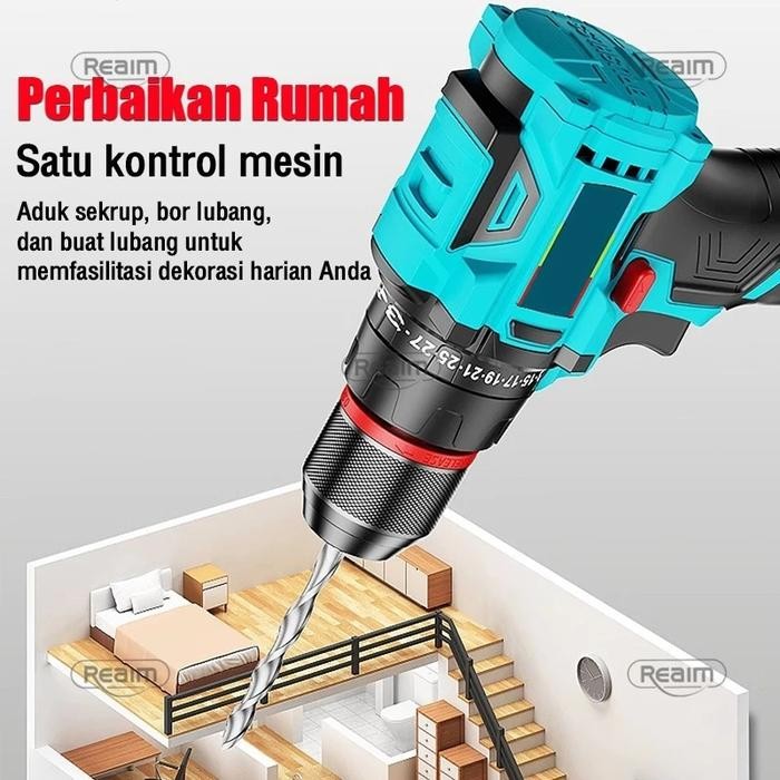 Reaim 3 Speed Brushless Mesin Bor Baterai Bor Listrik Tangan Cordless Drill Cordless Electric Drill