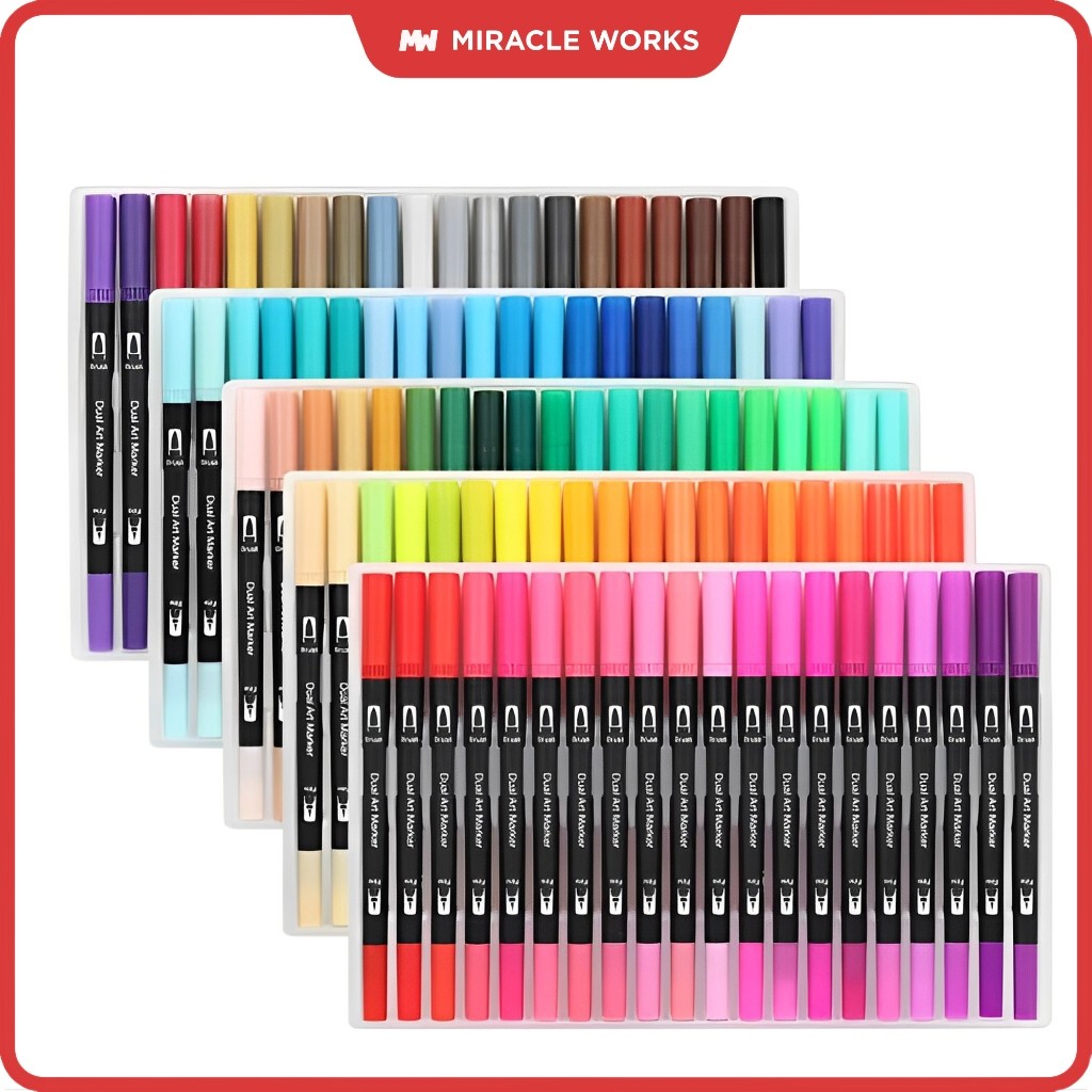 

UM1 MW Spidol Warna Set 24/36/60/80/100/120 Warna Brush Pen Double Tips Spidol Set Permanent Marker