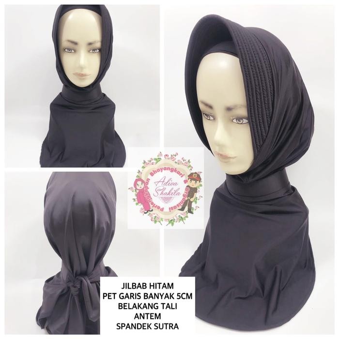 murah- JILBAB DINAS HITAM PET 5CM GARIS BANYAK TALI IKAT