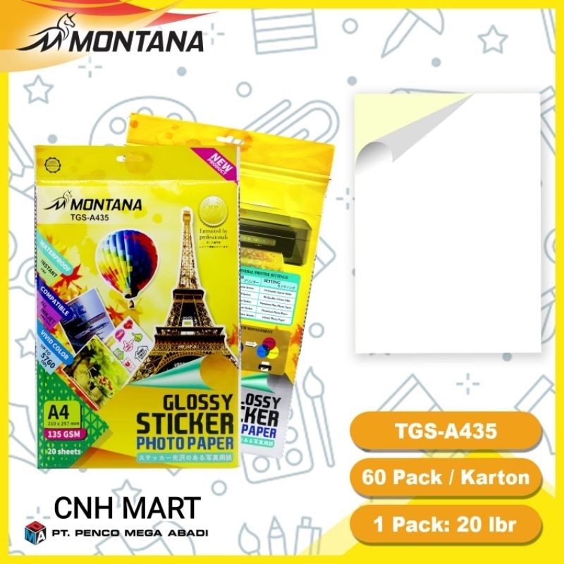 

UM1 Glossy Stiker Paper - Kertas Photo Glossy Montana TGS - A435 - 135 GSM Isi 20 Lembar 1 Pak( Pak