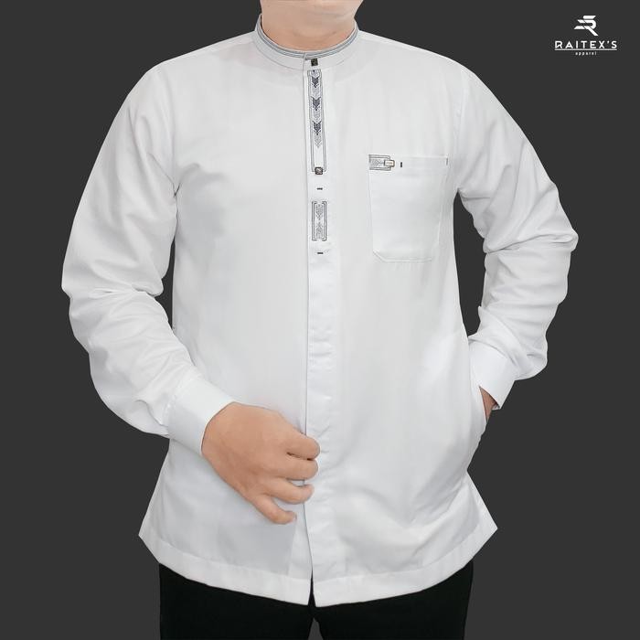 Zuhud- Baju Koko Pria Dewasa Lengan Panjang Putih Tulang Busana Muslim Cowok Kemeja Taqwa Kemko