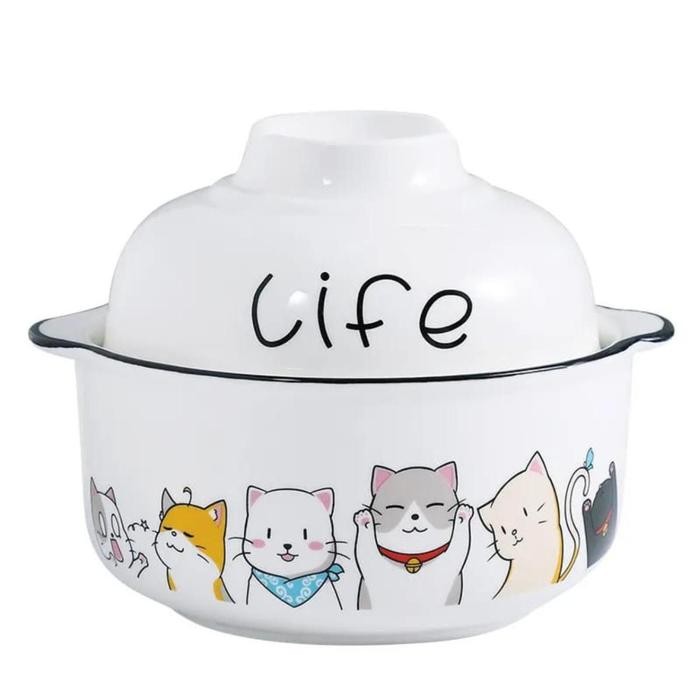 JTTOP" MANGKOK KERAMIK DENGAN TUTUP PORSELEN PUTIH PERALATAN MAKAN MANGKOK NASI SUP KAPASITAS BESAR