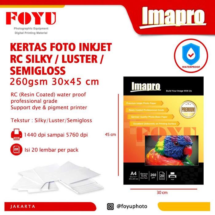 

KERTAS FOTO INKJET IMAPRO PROFESSIONAL RC SILKY LUSTER 260GSM 30X45 CM