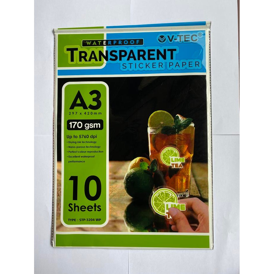 

KERTAS FOTO V-TEC STICKER TRANSPARENT PAPER A3 170 GSM STP-3204WP
