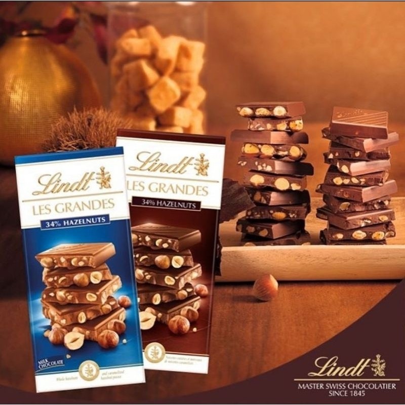 

Coklat Lindt Les Grandes Chocolate Swiss Milk Dark Cokelat Almond Hazelnut Caramel 150 Gram Lindt