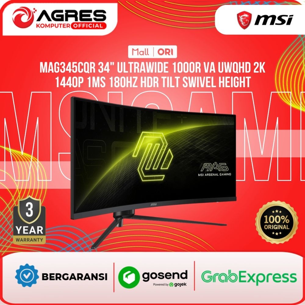 MSI Monitor Gaming 34" MAG345CQR Ultrawide 1000R VA UWQHD 2K 1440P 1MS 180HZ HDR Tilt Swivel Height