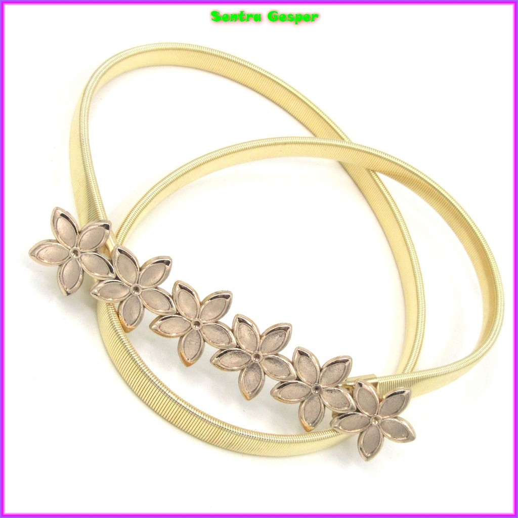 Belt Sabuk Gesper Ikat Pinggang Per Karet Wanita Women Fashion Korea Pesta Cewek Daun Elastis Bunga