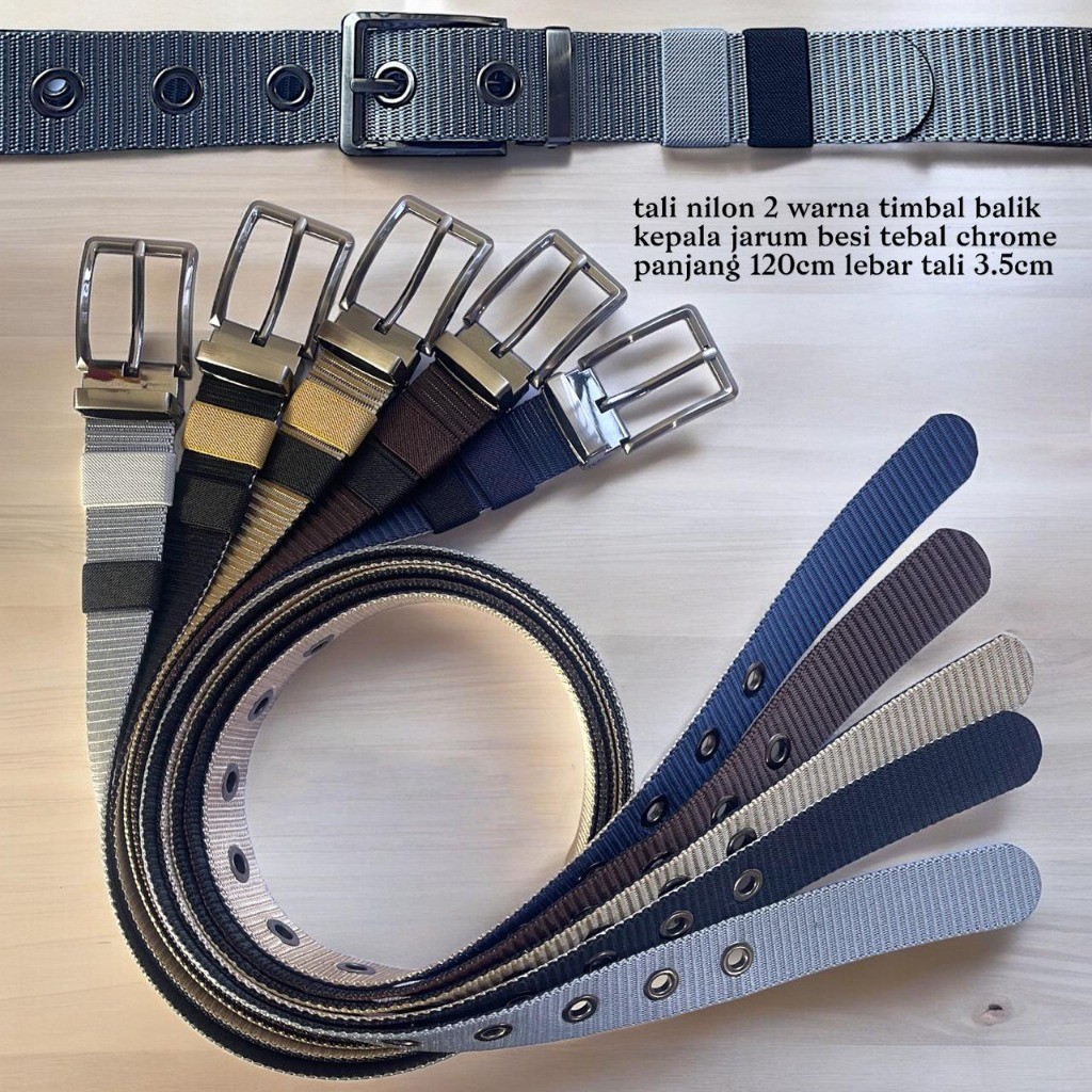 Tali Ikat Pinggang Pria Canvas 2 Warna Nylon Belt Gesper Sabuk Dua Sisi Model Kepala Jarum 2 in 1