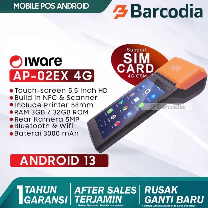 

SendToday- Mobile Pos Android 13 Mesin Kasir Portable Iware Ap-02Ex 3Gb/32Gb 4G