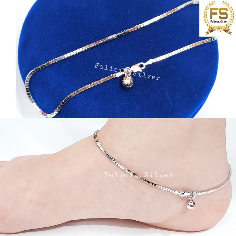 Gelang Kaki Perak Asli Silver nita 925 Lapis Emas Model Milano Kaca Kotak - Perhiasan Perak Asli