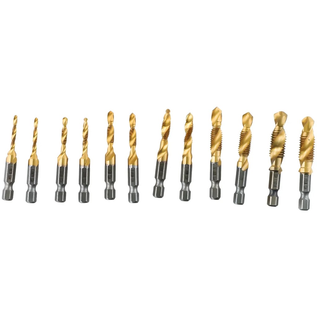 12pcs  Plated Hex Shank HSS Screw Thread Metric Tap Drill Compound Tap Plated Hex Shank HSS Screw Th