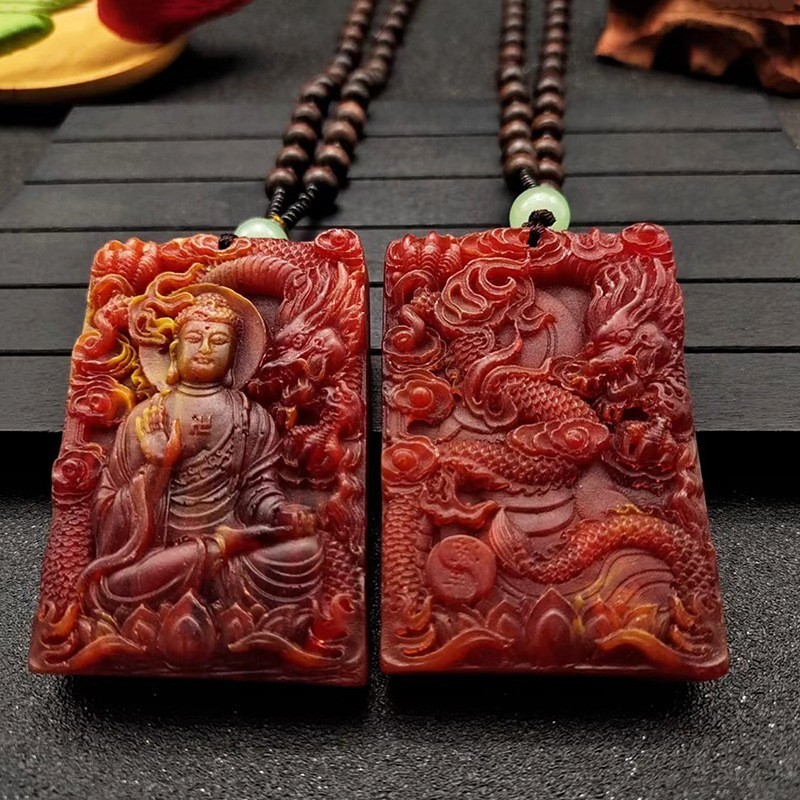 Kalung Kotak Batu Merah / Kalung Ukir Naga Guan Yu Guan Yin Buddha / Liontin Persegi 2 Sisi Motif