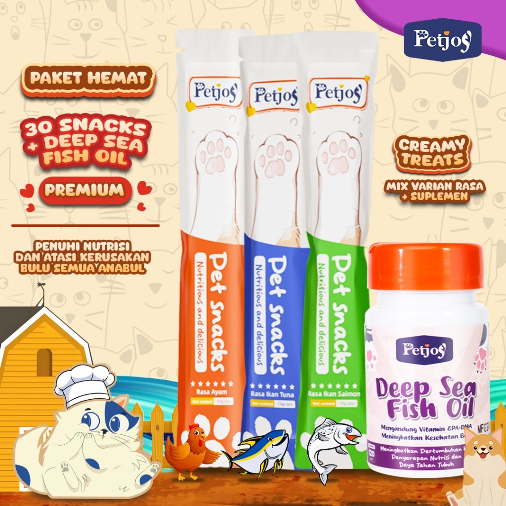 RIMBA-12 Petjoy Paket Hemat Untuk Kucing snack Kucing 30 Pcs dan Suplemen Suplemen Deep Sea Fish Oil