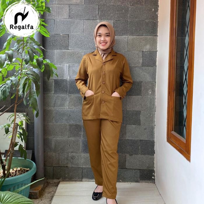 TERLARIS Setelan Baju Kerja Khaki Blazer Dinas Seragam PDH Pemda Wanita PNS Model Kerah Rebah