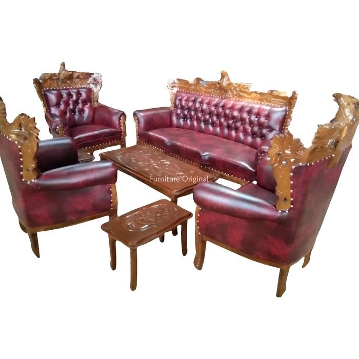 Terlaris Sofa Tamu Romawi Rintik Asli Jati Jepara Maroon Bonus 3 Meja