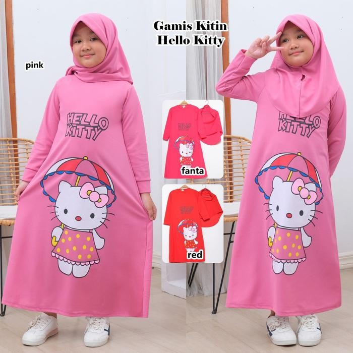 Gharim- Kitin - Gamis Anak Set Hijab 2-9 Tahun Motif Hello Kitty Bahan Rayon Licin Tunik