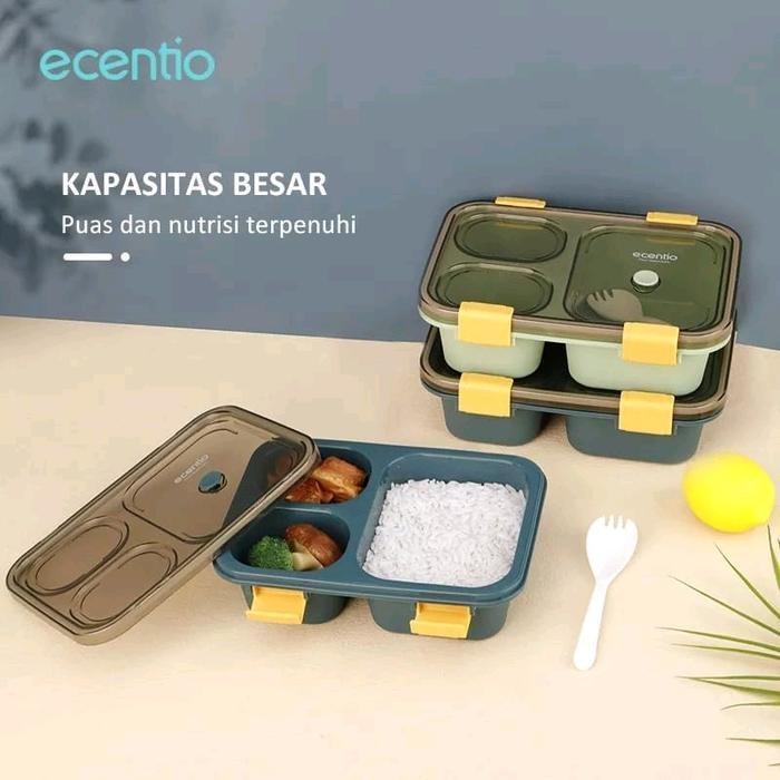 ecentio Kotak Makan Lunch Box 3 Grid 850ml Anti Tumpah