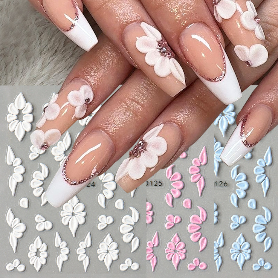 

5D Embossed Flower Nail Stickers Elegant White Pink Blue Petals Designs Acrylic Spring Summer Floral
