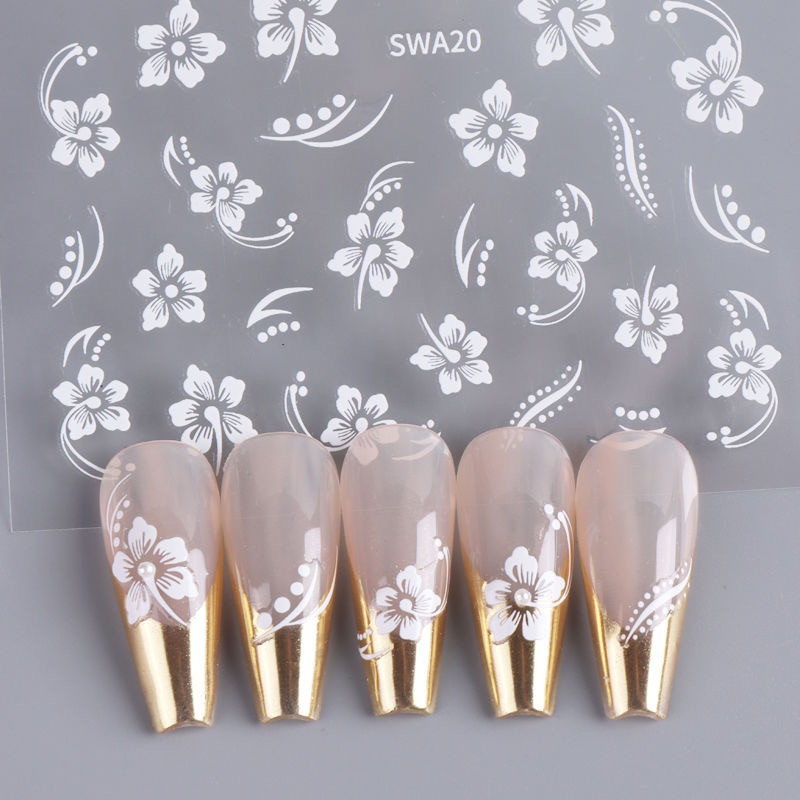 

5D Hibiscus Flower Nail Embossed Sticker Acrylic Pink White Gold Petal Leaf Adhesive Decal Butterfly
