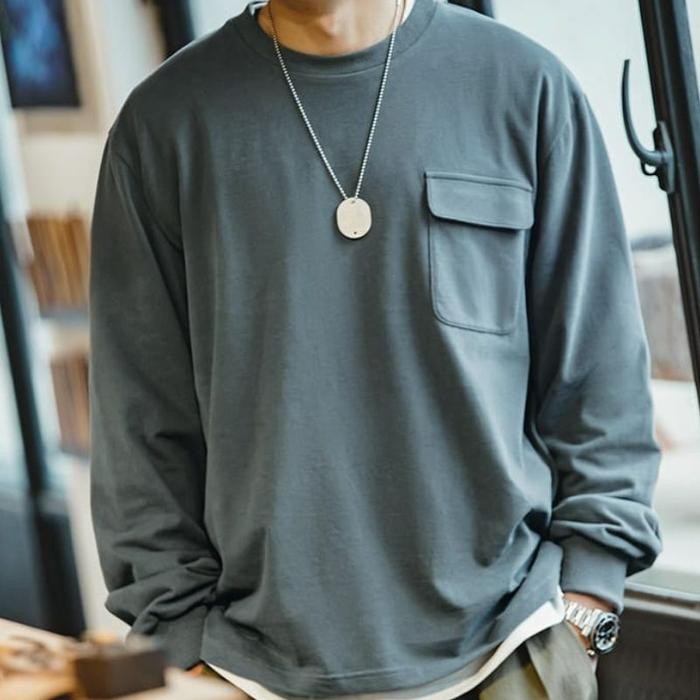 Modo- Kaos Polos Pocket Oversize Pria Kaos Polos Long Sleeve Pocket T-Shirt