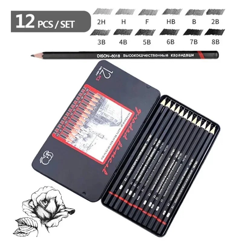 

12Pcs/Set Drawing Pencil Pre-Sharped Metal Box Packed 2H-8B Graphite Pencil Set For School Office