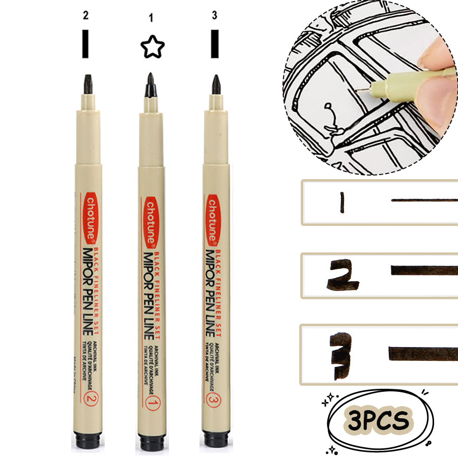 

3Pcs Markers Needle Pen Hand-Painted Drawing Hook Line Pen Kawaii Manga Fastdry Waterproof Sketching