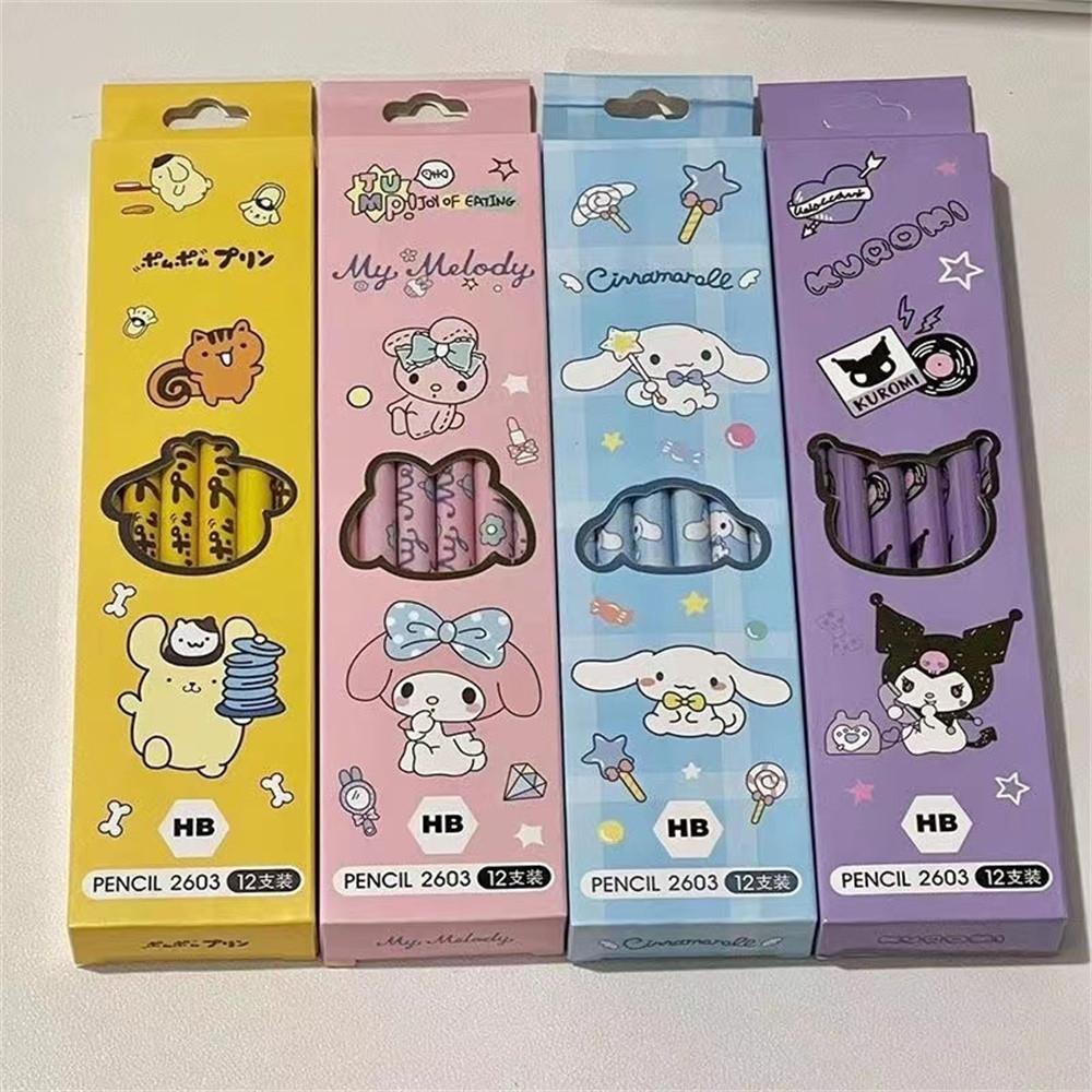

12Pcs/Box Sanrio Melody Kuromi Cinnamoroll Hello Kitty Pencil Hb Write Draw Pencils Primary Students