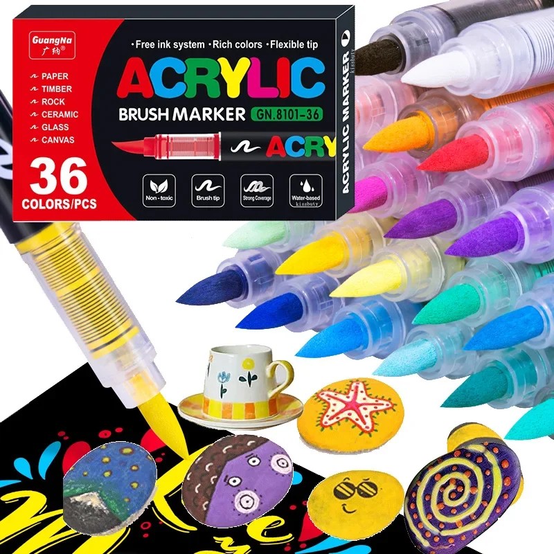 

12/30/60/120 Colors Acrylic Marker Pens Waterproof Soft-Brush Nib For Students.Use On Glass, Stone,
