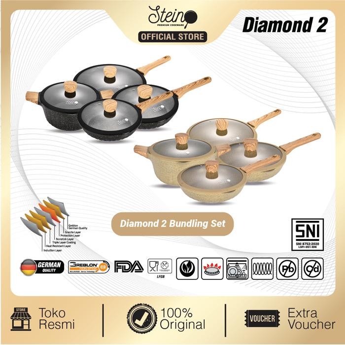 Terbaru Stein Cookware Diamond 2 Set Set Panci Wajan 8In1
