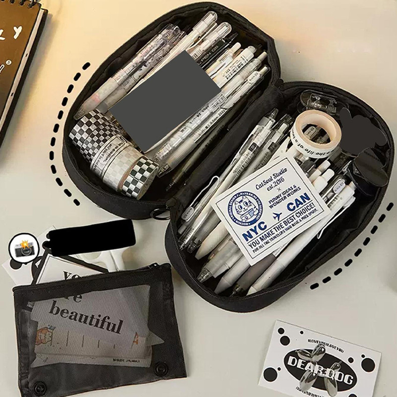 

1Pc Large Capacity Canvas Pencil Bag, Korean Black Student Pencil Case With Large Opening,