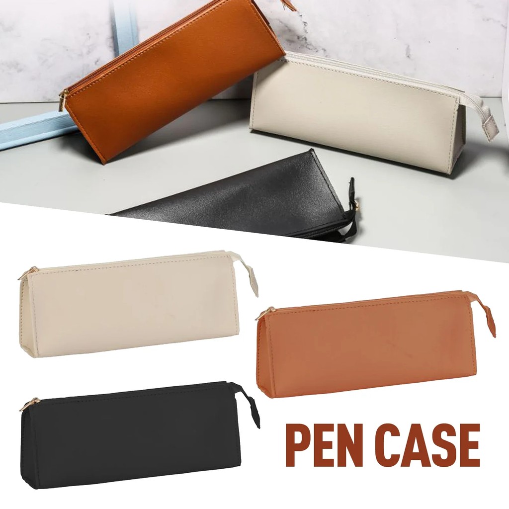 

Leather Large Capacity Pen Case Zipper Opening Minimalist Beige Black Brown White Pen Bags Student