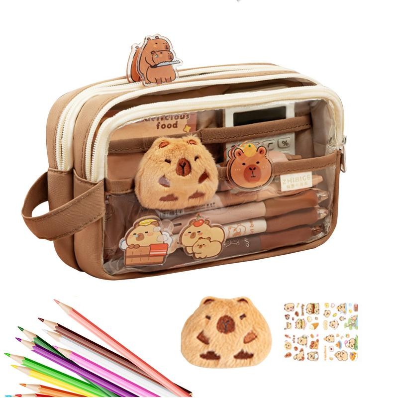 

Clear Pencil Pouch With Cute Capybara Plush And Stickers Doll Pencil Pouch Cute Office Stationary
