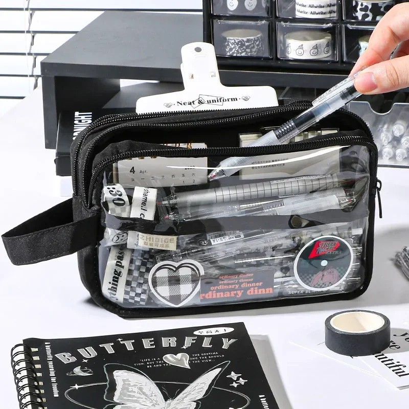 

1 Pc Simplicity Fashion Pencil Case For Student 3 Layer Solid Color Series Pencil Bag Transparent