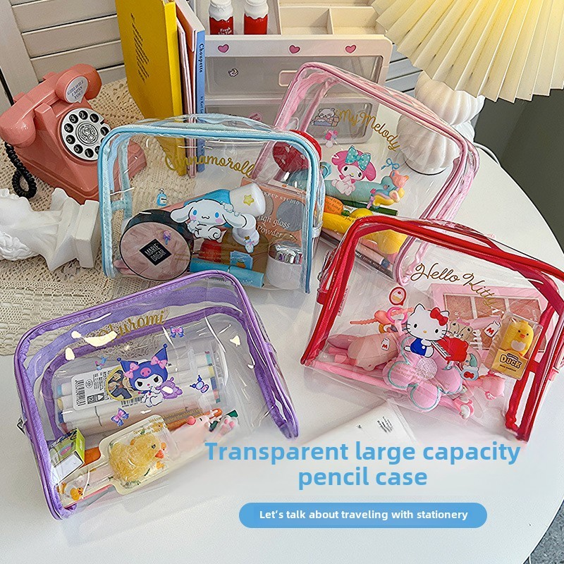 

New Sanrio Cartoon Transparent Pen Case Ins Wind Waterproof Travel Wash Bag Large Capacity Portable