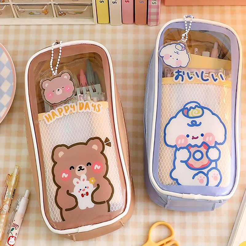 

Cute Creative Transparent Canvas Large Capacity Pen Pouch Children Cartoon Student Stationery