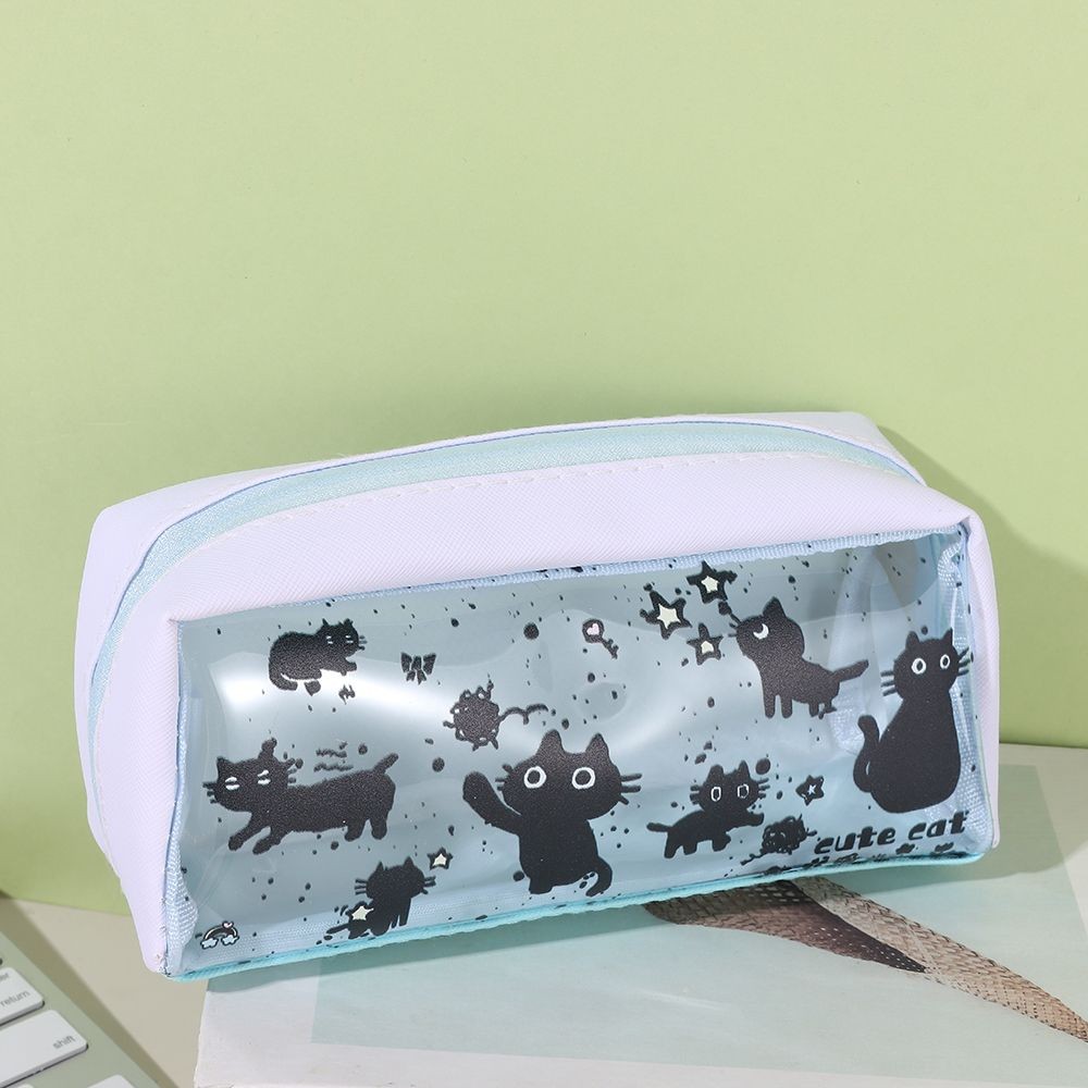 

Cute Little Black Cat Pencil Case Transparent Cartoon Ink Splash Cat Pen Box Large Capacity