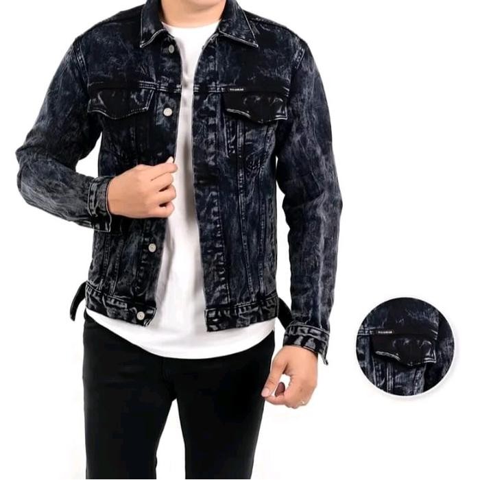 Wearon- Jaket Jeans Denim Polos Cowok Distro Hitam Black Sandwash