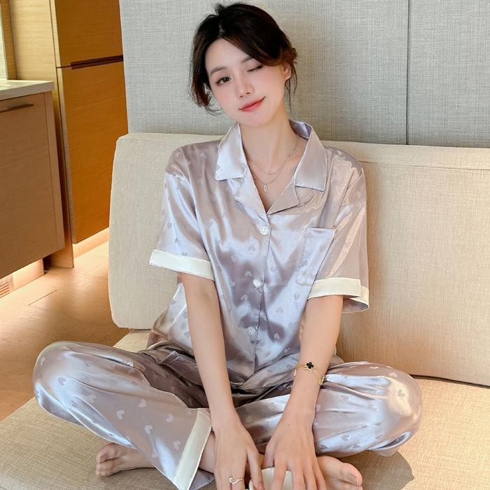 Aluna- Gumi - C05 Baju Tidur Wanita Satin Motif Love Kecil Lavender Muda Ala Korea Import